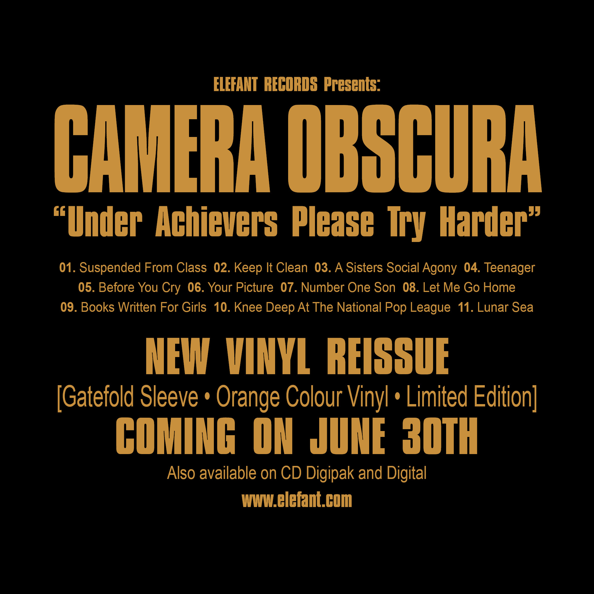 CAMERA OBSCURA CAMERA OBSCURA: REISSUE "Underachievers Please Try Harder" In Orange Vinyl